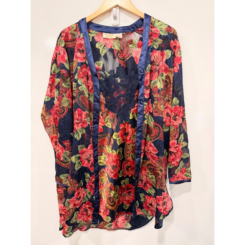 Vintage Victoria's Secret Floral Paisley Lace Slip Dress and Robe Set Navy Red M